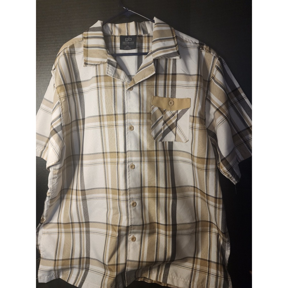Godbody Collection Mens 2XL Plaid Short Sleeve Button Up Shirt Tan Brown White